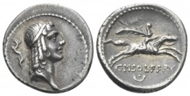 C. Calpurnius L.f. Frugi. Denarius circa 67, AR 18.2mm., 3.94g. Head of Apollo r., hair bound with fillet; behind, bow. Rev. Horseman galloping r.; be...