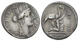 A. Plautius. Denarius circa 55, AR 17.1mm., 3.65g. A·PLAVTIVS – AED·CVR·S·C Head of Cybeles r. Rev. IVDAEVS Male figure kneeling r. and extending oliv...