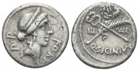 Q. Sicinius. Denarius circa 49, AR 17.8mm., 3.59g. FORT – P·R Diademed head of Fortuna Populi Romani r. Rev. Palm branch tied with fillet and winged c...