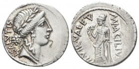 Mn. Acilius Glabrio. Denarius circa 49, AR 19.1mm., 3.98g. SALVTIS Laureate head of Salus r. Rev. MN·ACILIVS – III·VIR·VALETV Valetudo standing l., re...