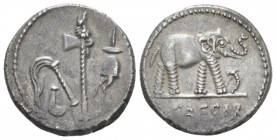 C. Iulius Caesar. Denarius mint moving with Caesar 49-48, AR 17.5mm., 3.89g. Pontifical emblems: culullus, aspergillum, axe and apex. Rev. Elephant r....