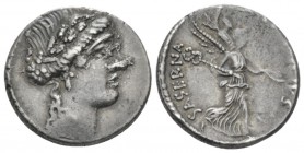 L. Hostilius Saserna. Denarius circa 48., AR 18mm., 3.90g. Female head r., wearing oak wreath. Rev. L·HOSTILIVS SASERNA Victory advancing r., holding ...