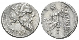 Denarius circa 48, AR 17.6mm., 3.89g. Mask of bearded Pan r.; behind, pedum. Below, PANSA. Rev. C·VIBIVS·C· F·C·N – IOVIS AXVR Jupiter, laureate, seat...