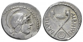 D. Iunius Brutus Albinus. Denarius circa 48, AR 19mm., 3.81g. Helmeted head of young Mars r. Rev. ALBINVS – BRVTI·F Two Gaulish trumpets in saltire; a...