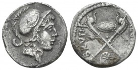 D. Iunius Brutus Albinus. Denarius plated circa 48, AR 16.6mm., 3.35g. Helmeted head of young Mars r. Rev. ALBINVS – BRVTI·F Two Gaulish trumpets in s...