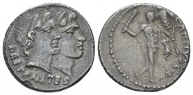 C. Antius C.f. Restio. Denarius circa 47, AR 18mm., 3.86g. Jugate heads of Dei Penates r.; below, DEI PENATES. Rev. C·ANTIVS·C·F Hercules walking r., ...