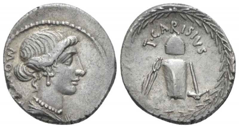 T. Carisius. Denarius circa 46, AR 17.9mm., 3.78g. MONETA Head of Iuno Moneta r....