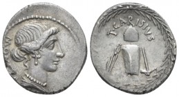 T. Carisius. Denarius circa 46, AR 17.9mm., 3.78g. MONETA Head of Iuno Moneta r. Rev. T·CARISIVS Coining implements. All within laurel wreath. Babelon...