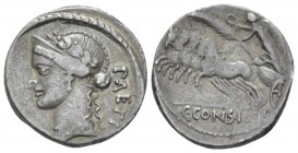 C. Considius Paetus. Denarius circa 46, AR 18.5mm., 3.80g. PAETI Laureate and diademed head of Venus l. Rev. Victory in prancing quadriga l., holding,...