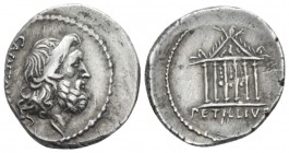 Petillius Capitolinus. Denarius circa 41, AR 17.7mm., 4.00g. CAPITOLINVS Head of Jupiter r. Rev. Hexastyle temple with decorated roof; within pediment...