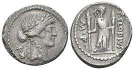 P. Clodius M. f. Turinus. Denarius circa 42, AR 19.3mm., 3.72g. Laureate head of Apollo r.; behind, lyre. Rev. P.CLODIVS – ·M·F Diana standing facing,...