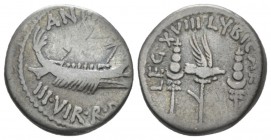 Marcus Antonius. Denarius mint moving with M. Antony 32-31, AR 16.5mm., 3.36g. , AR 3.73 g. ANT AVG – III·VIR·R·P·C Galley r., with sceptre tied with ...