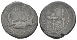 Marcus Antonius. Denarius mint moving with M. Antonius 32-31, AR 18mm., 3.36g. ANT AVG – III·VIR·R·P·C Galley r., with sceptre tied with fillet on pro...