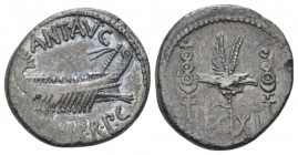 Marcus Antonius. Denarius mint moving with M. Antonius 32-31, AR 16.6mm., 2.85g. ANT AVG – III·VIR·R·P·C Galley r., with sceptre tied with fillet on p...