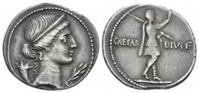 Octavian, 32 – 27 BC Denarius Brundisium or Roma (? circa 32-29 BC, AR 20mm., 3.72g. Diademed head of Pax r.; behind, cornucopiae and before, olive-sp...