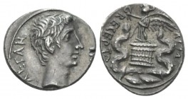 Octavian, 32 – 27 BC Quinarius Brundisium or Roma (?) circa 29-27 BC, AR 13mm., 1.91g. , AR 13mm, 1.91g. Bare head r. Rev. Victory standing l. on cist...