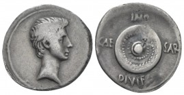 Octavian as Augustus, 27 BC – 14 AD Denarius uncertain mint (in Spain ?) circa 27, AR 20mm., 3.65g. Bare head r. Rev. Legend around shield; above, IMP...