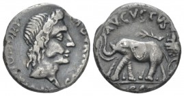 Octavian as Augustus, 27 BC – 14 AD Plated denarius circa 19 bc, AR 16mm., 2.59g. M. Durmius. Head of Honos r. Rev. Augustus standing l. in biga of el...