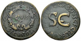 Octavian as Augustus, 27 BC – 14 AD Sestertius circa 16 BC, Æ 34mm., 24.18g. C. Cassius Celer, 16 BC, OB / CIVIS / SERVATOS in three lines, within oak...