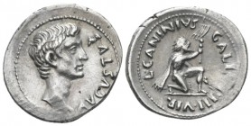 Octavian as Augustus, 27 BC – 14 AD Denarius circa 12 BC, AR 22mm., 3.99g. L. Caninius Gallus. Bare head r. Rev. Bearded barbarian, with cloak over sh...