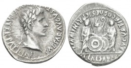 Octavian as Augustus, 27 BC – 14 AD Denarius Lugdunum circa 2 BC-4 AD, AR 20mm., 3.68g. Laureate head r. Rev. Caius and Lucius standing facing and res...