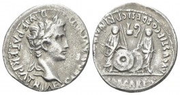 Octavian as Augustus, 27 BC – 14 AD Denarius Lugdunum circa 2 BC-4 AD, AR 20mm., 3.68g. Laureate head r. Rev. Caius and Lucius standing facing and res...