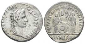 Octavian as Augustus, 27 BC – 14 AD Denarius Lugdunum circa 2 BC-4 AD, AR 19mm., 3.76g. Laureate head r. Rev. Caius and Lucius standing facing and res...