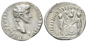 Octavian as Augustus, 27 BC – 14 AD Denarius Lugdunum circa 2 BC-4 AD, AR 19mm., 3.71g. Laureate head r. Rev. Caius and Lucius standing facing and res...