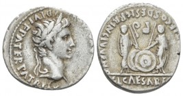 Octavian as Augustus, 27 BC – 14 AD Denarius Lugdunum circa 2 BC-4 AD, AR 19mm., 3.76g. Laureate head r. Rev. Caius and Lucius standing facing and res...