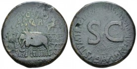 Divus Augustus. Sestertius circa 35-36, Æ 33mm., 24.57g. Quadriga of elephants carrying figure of Augustus. Rev. TI CAESAR DIVI AVG F AVGVST P M TR PO...