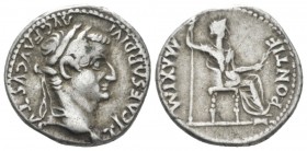 Tiberius, 14-37 Denarius Lugdunum circa 14-37, AR 19mm., 3.69g. Laureate head r. Rev. Draped female figure (Livia as Pax) seated r. on chair with orna...