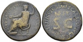 Divus Tiberius Sestertius circa 80-81, Æ 33mm., 25.54g. The Emperor seated l., holding patera and sceptre. Rev. Legendbaround REST / S C. C –. RIC Tit...