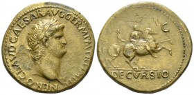 Nero, 54-68 Sestertius circa 64, Æ 35mm., 27.41g. Laureate bust of Nero r. wearing aegis. Rev. Nero, bare-headed and in military attire, prancing r. o...