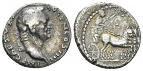 Vespasian, 69-79 Denarius Antiochia circa 72-73, AR 16.5mm., 3.30g. Laureate head r. Rev. Emperor driving slow quadriga r. C –. RIC 1559.

Nice old ...