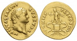 Titus Caesar, 69-79 Aureus circa 75, AV 20mm., 7.14g. Laureate head r. Rev. Victory standing l. on cista mistica, holding wreath in r. hand and palm b...