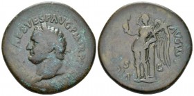 Titus, 79-81 Sestertius circa 80-81, Æ 35mm., 25.30g. Laureate head l. Rev. Victory standing l., resting on column, holding cornucopiae and palm. C 37...