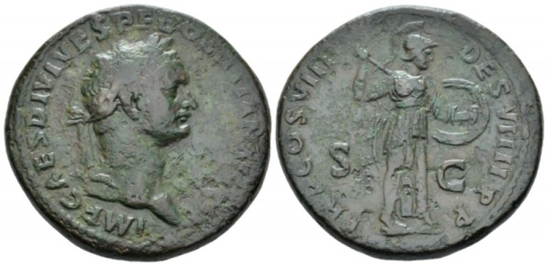 Domitian, 81-96 Sestertius circa 82, Æ 33mm., 25.87g. Laureate head r. Rev. Mine...