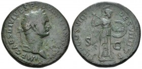 Domitian, 81-96 Sestertius circa 82, Æ 33mm., 25.87g. Laureate head r. Rev. Minerva advancing r. brandishing spear in r. hand. C 583. RIC 103.

Nice...