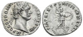 Domitian, 81-96 Denarius circa 88-89, AR 19mm., 3.61g. Laureate head r. Rev. Minerva advancing r., holding shield and wielding javelin. C 252. RIC 667...