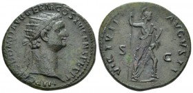 Domitian, 81-96 Dupondius circa 92-94, Æ 28mm., 11.64g. IMP CAES DOMIT AVG GERM COS XVI CENS PER P P Radiate head right. Rev. VIRTVTI AVGVSTI Virtus s...