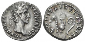 Nerva, 96-98 Denarius circa 97, AR 18mm., 3.40g. Laureate head r. Rev. Priestly emblems. C 48. RIC 24.
 
 Lovely old cabinet tone, Good Extremely Fi...