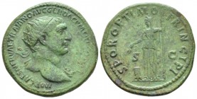 Trajan, 98-117 Dupondius circa 103-111, Æ 28.5mm., 13.74g. Radiate bust r., with drapery on l. shoulder. Rev. Ceres standing l., holding corn ears ove...