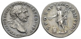 Trajan, 98-117 Denarius circa 106-107, AR 18mm., 2.95g. Laureate bust r., with drapery on l. shoulder. Rev. Genius of the Roman People standing l., ho...