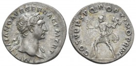 Trajan, 98-117 Denarius circa 107-108, AR 18mm., 2.94g. Laureate bust r., with drapery on l. shoulder. Rev. Mars walking l., holding Victory and troph...