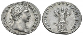 Trajan, 98-117 Denarius circa 107-108, AR 19mm., 3.04g. Laureate bust r., with drapery on l. shoulder. Rev. Trophy of three oval shields behind which ...