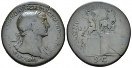 Trajan, 98-117 Sestertius circa 107-108, Æ 32mm., 25.03g. Laureate bust r. with aegis on far shoulder. Rev. Trajan seated l. on platform, before him, ...