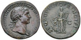 Trajan, 98-117 Sestertius circa 108-109/10, Æ 34.2mm., 28.32g. Laureate bust r. with drapery on l. shoulder. Rev. Fortuna standing l. holding rudder a...