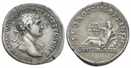 Trajan, 98-117 Denarius circa 112-113, AR 19mm., 3.08g. Laureate bust r., with drapery over l. shoulder. Rev. Woman reclining l. on rocks, holding whe...