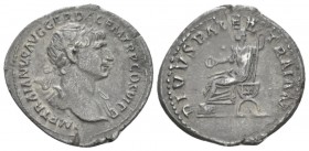 Trajan, 98-117 Denarius circa 112-113, AR 19mm., 2.77g. Laureate bust r., slight drapery. Rev. Divus Trajan Pater seated l. on curule chair, holding p...