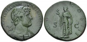 Hadrian, 117-138 Sestertius circa 119-123, Æ 33mm., 27.35g. Laureate, draped and cuirassed r. Rev. Spes standing l., holding flower. C 1154. RIC 680....